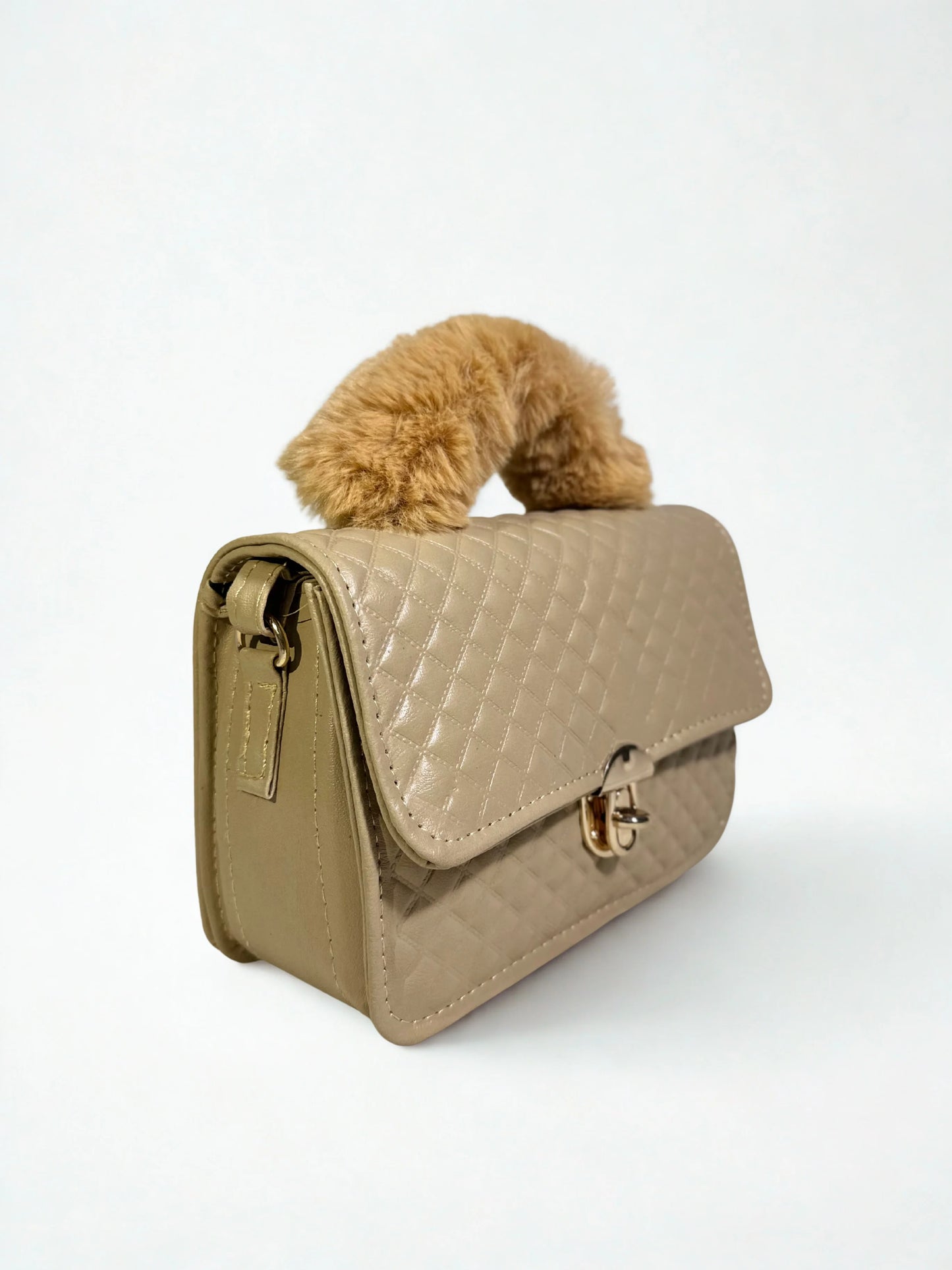 Beige Crossbody Handbag with Fur Handle