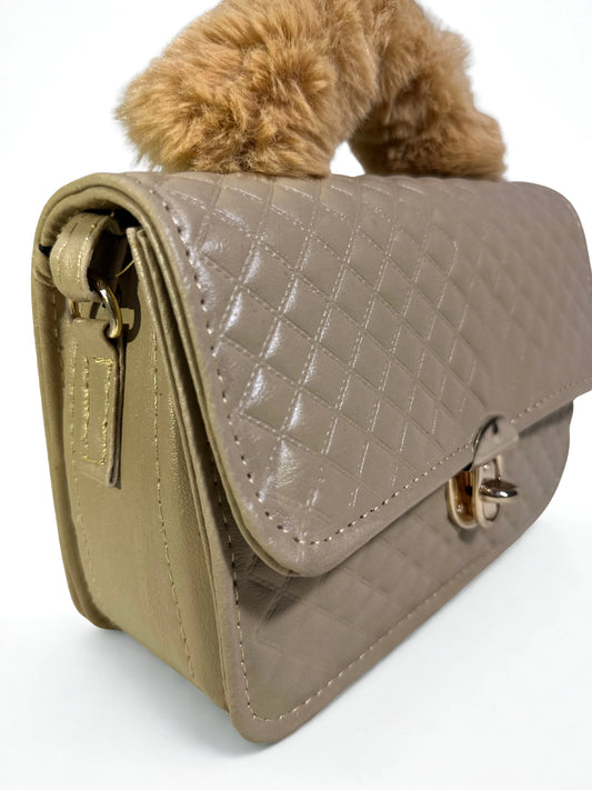 Beige Crossbody Handbag with Fur Handle