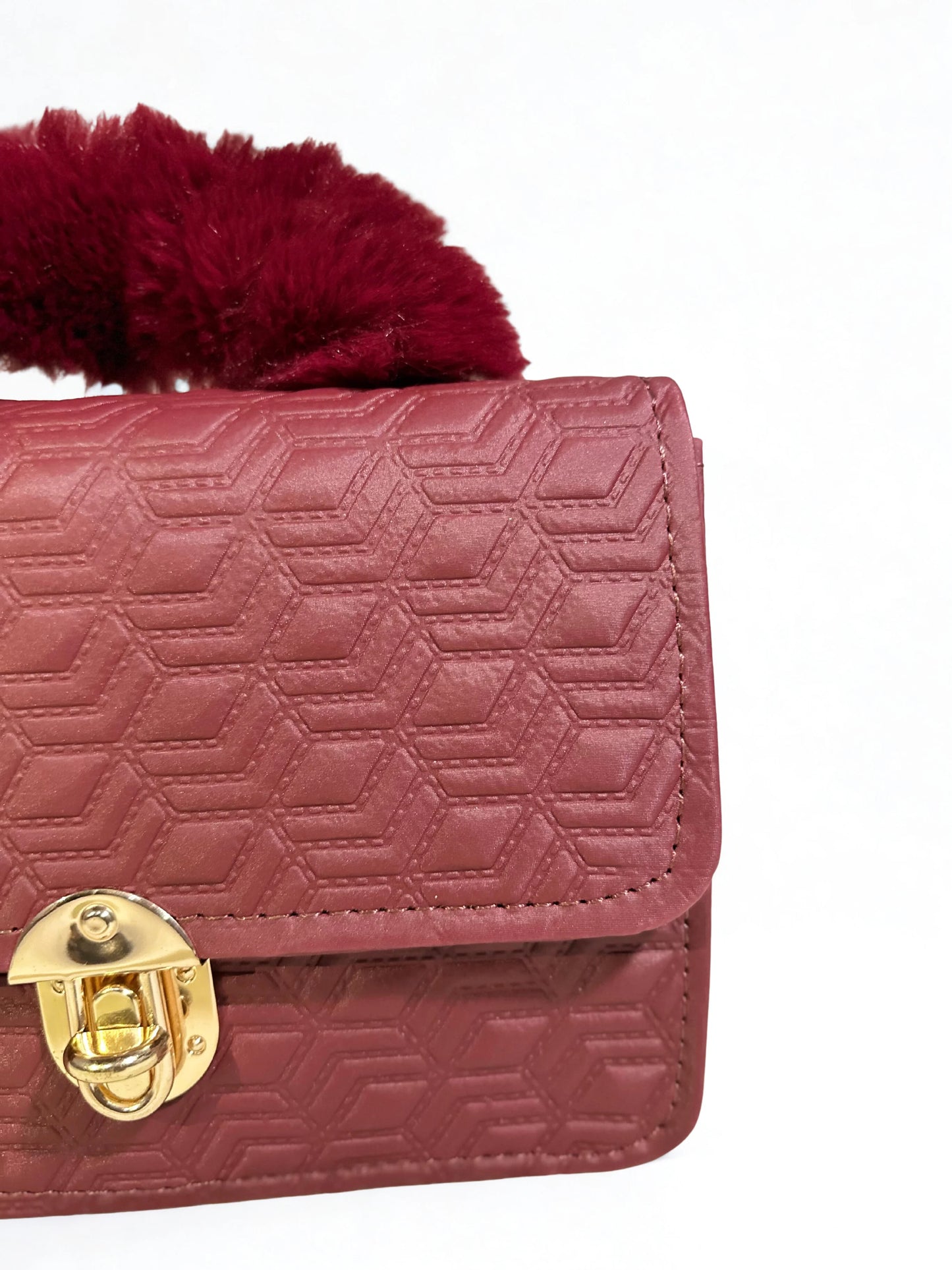 Maroon Crossbody Handbag with Fur Handle