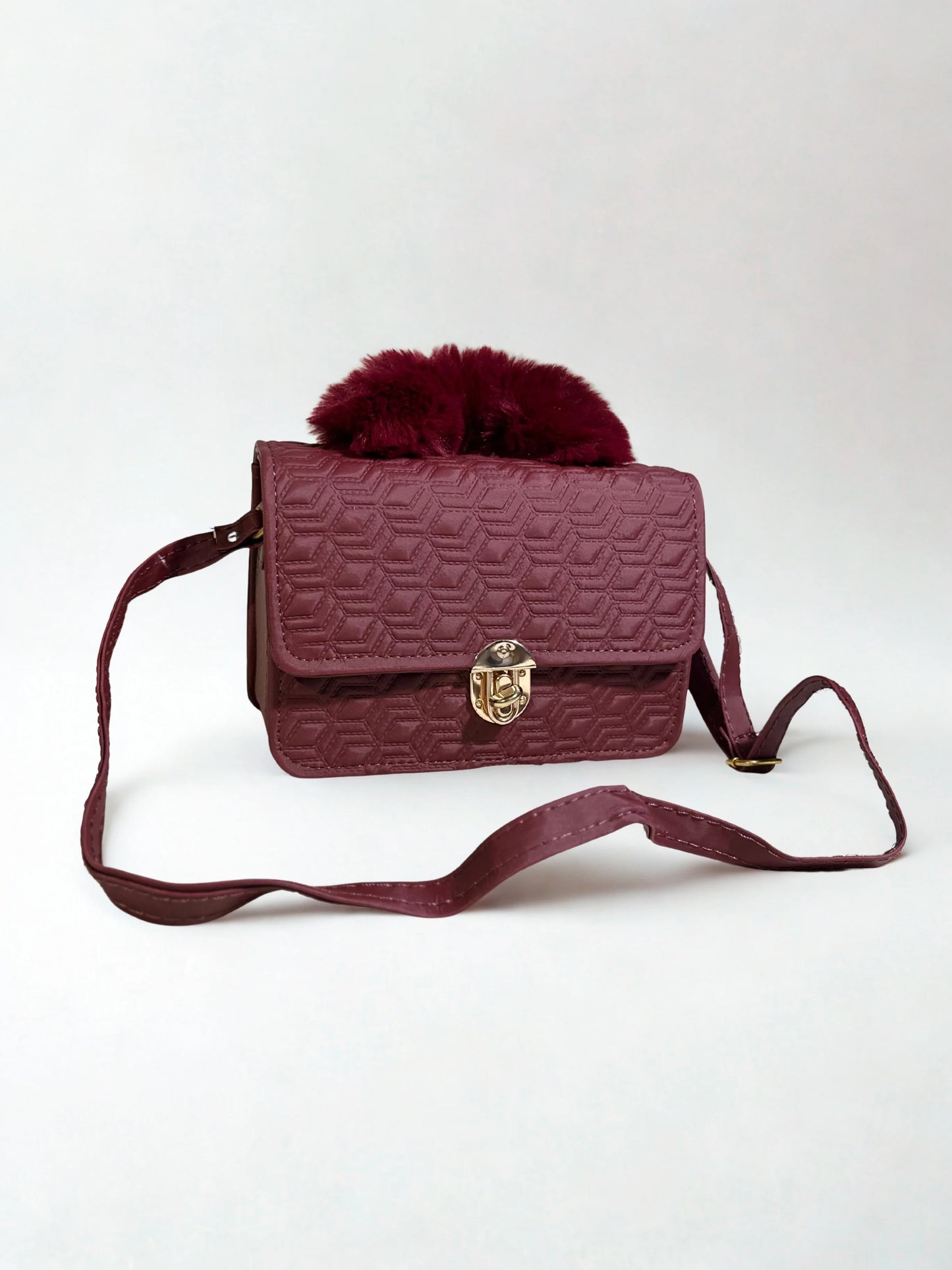 Maroon Crossbody Handbag with Fur Handle