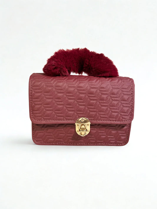 Maroon Crossbody Handbag with Fur Handle