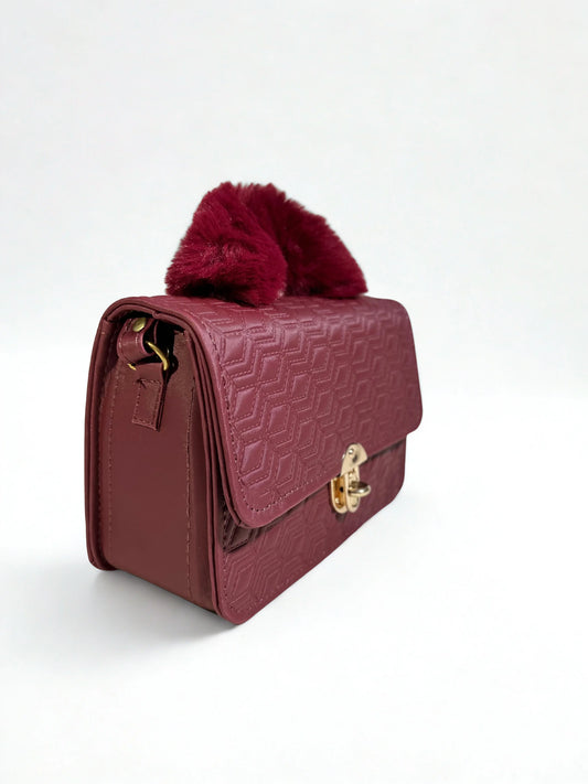 Maroon Crossbody Handbag with Fur Handle