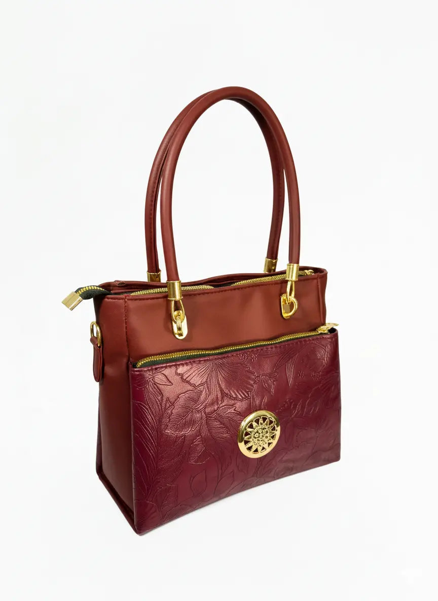 Maroon Embossed Tote Handbag
