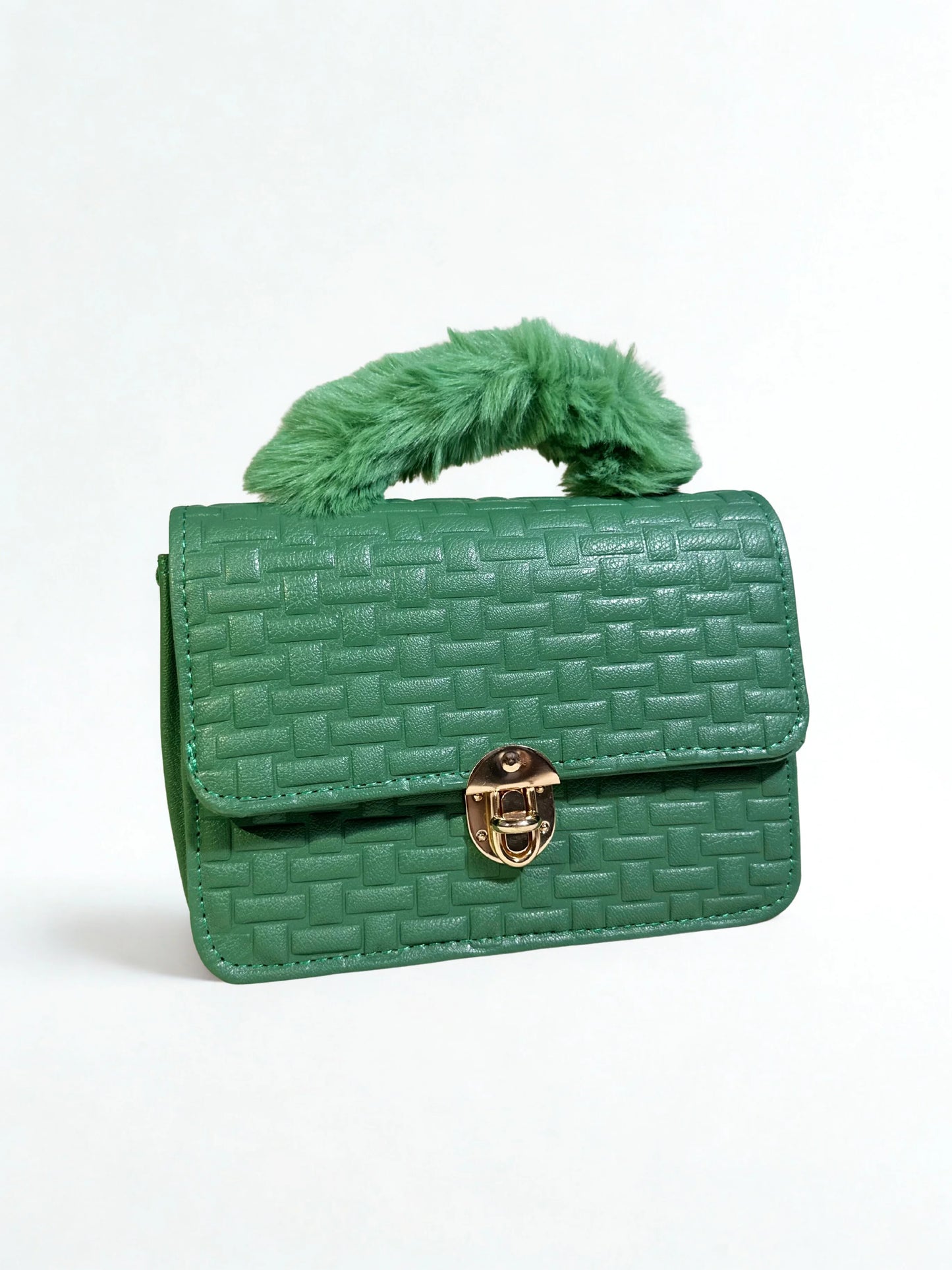 Green Crossbody Handbag with Fur Handle