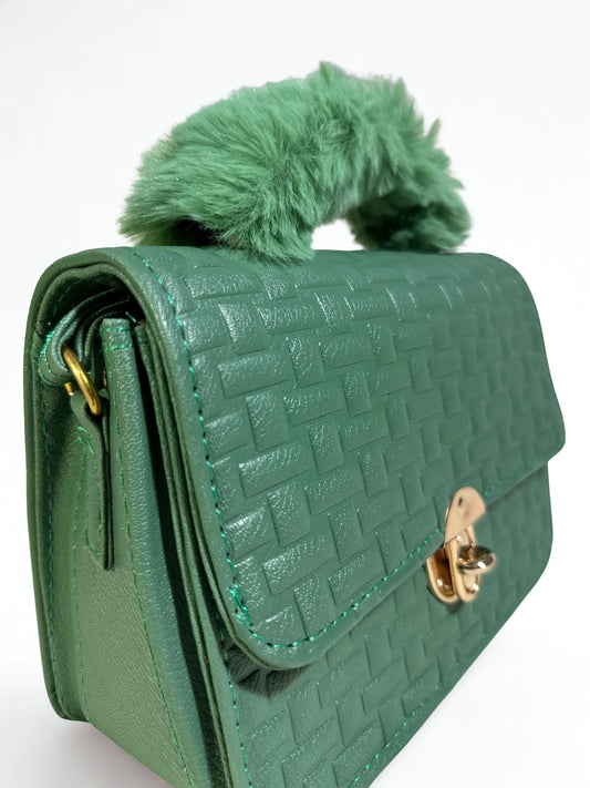Green Crossbody Handbag with Fur Handle