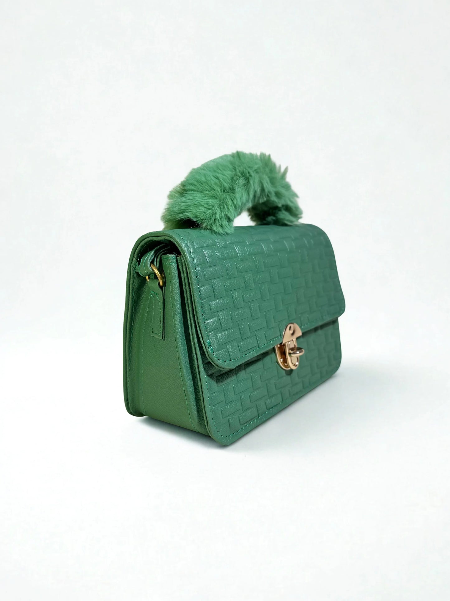 Green Crossbody Handbag with Fur Handle
