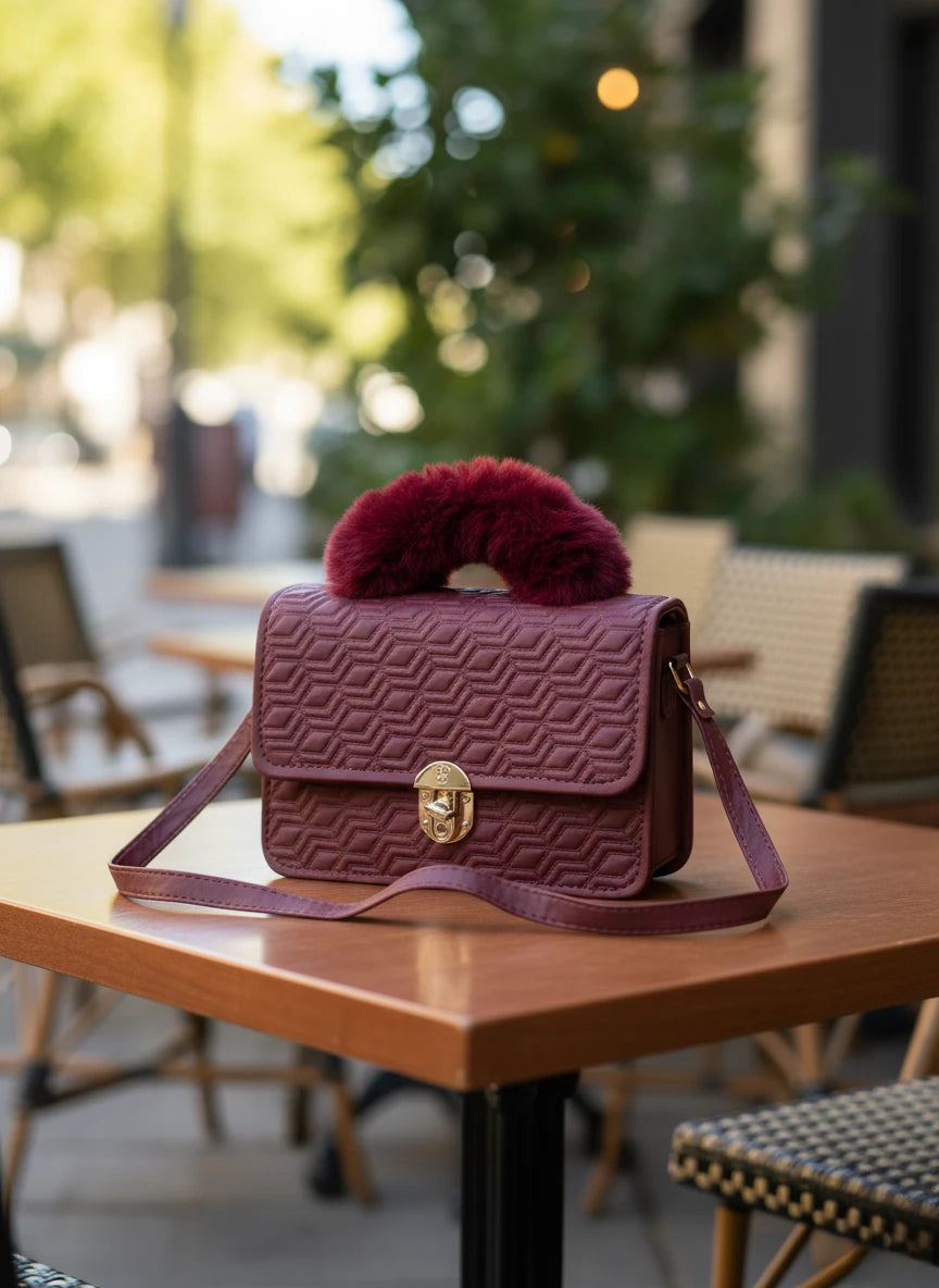 Maroon Crossbody Handbag with Fur Handle