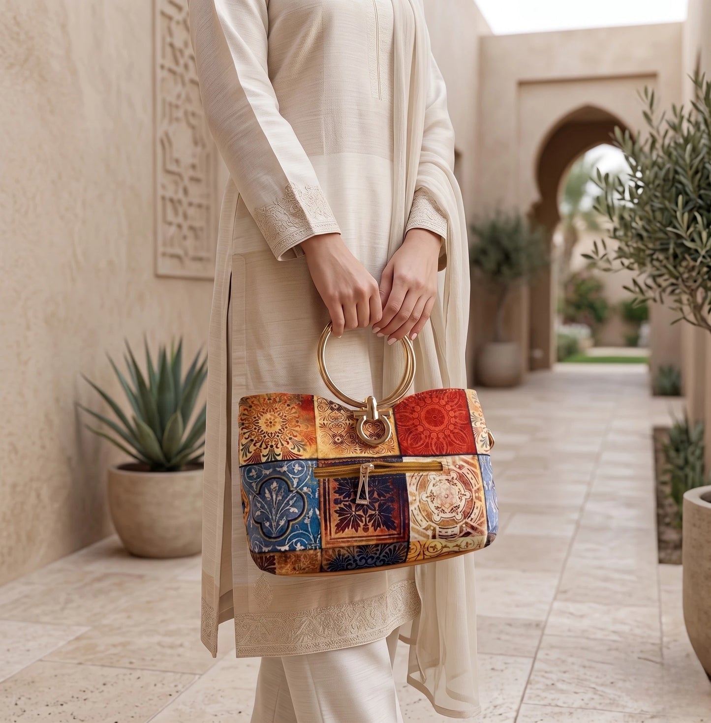 Steel Handle Check Handbag
