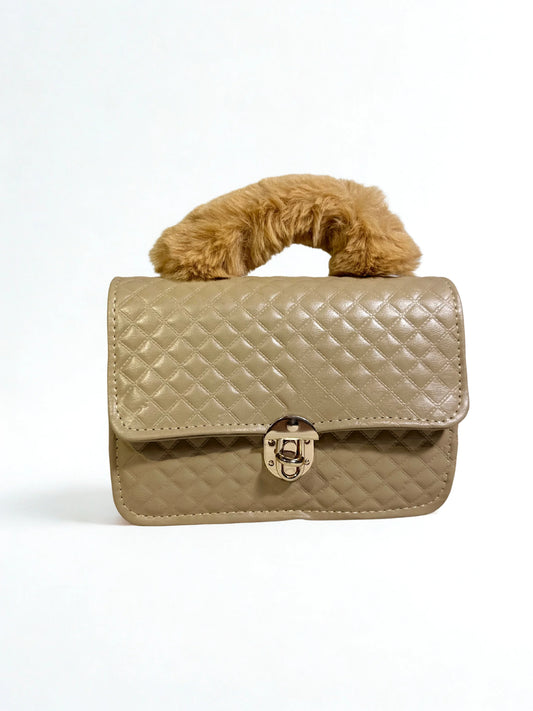 Beige Crossbody Handbag with Fur Handle