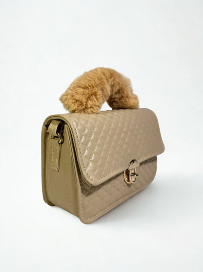 Beige Crossbody Handbag with Fur Handle