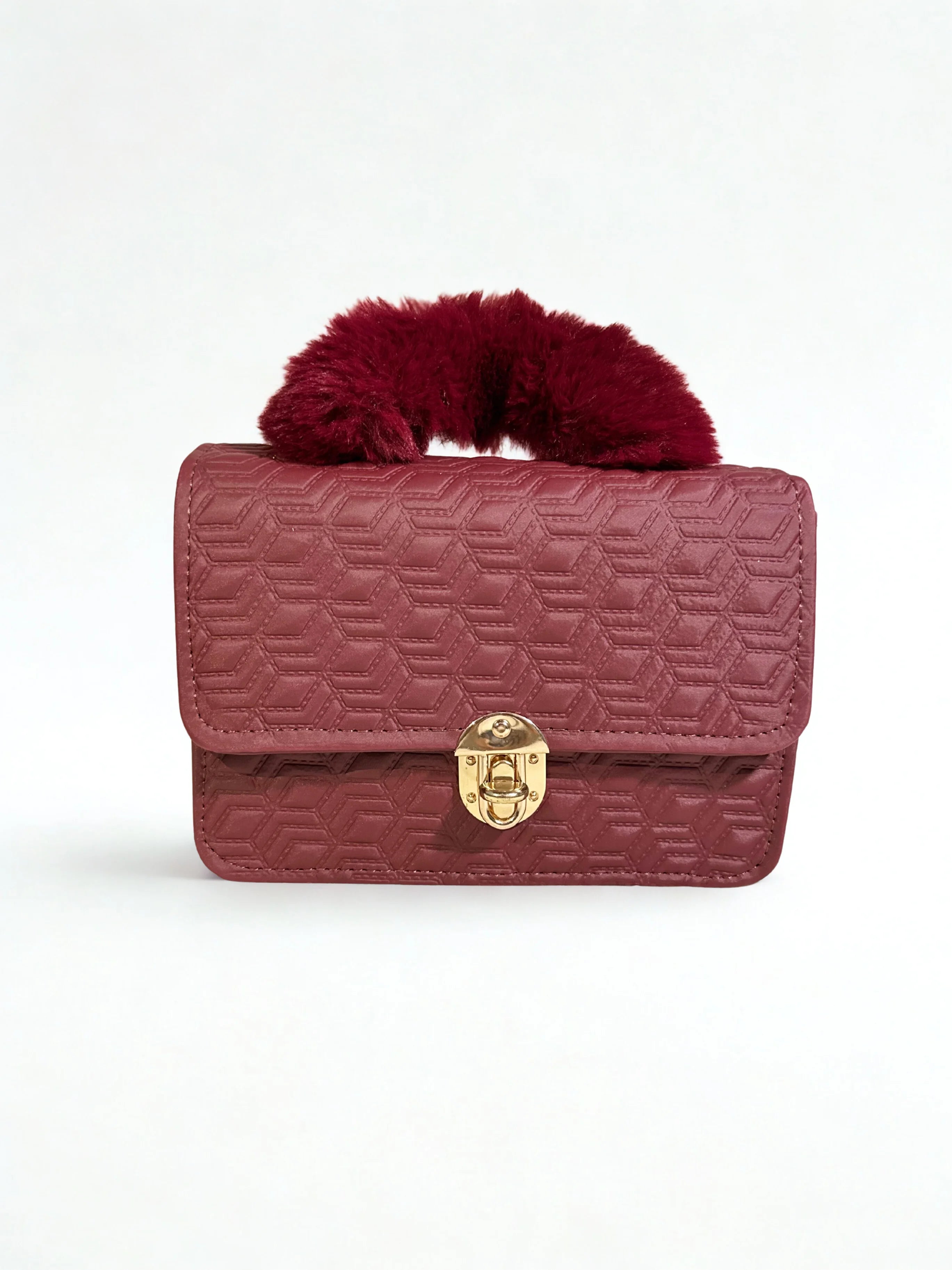 Maroon Crossbody Handbag with Fur Handle