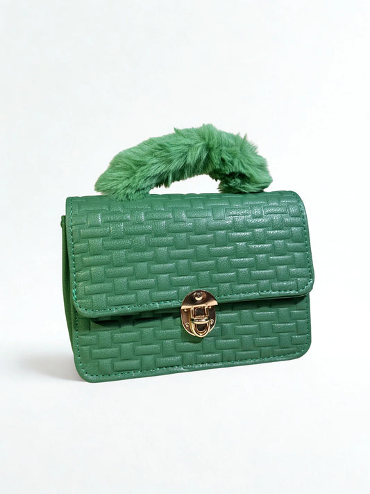 Green Crossbody Handbag with Fur Handle
