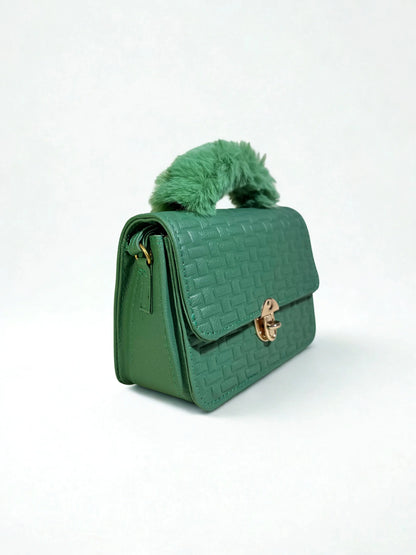 Green Crossbody Handbag with Fur Handle