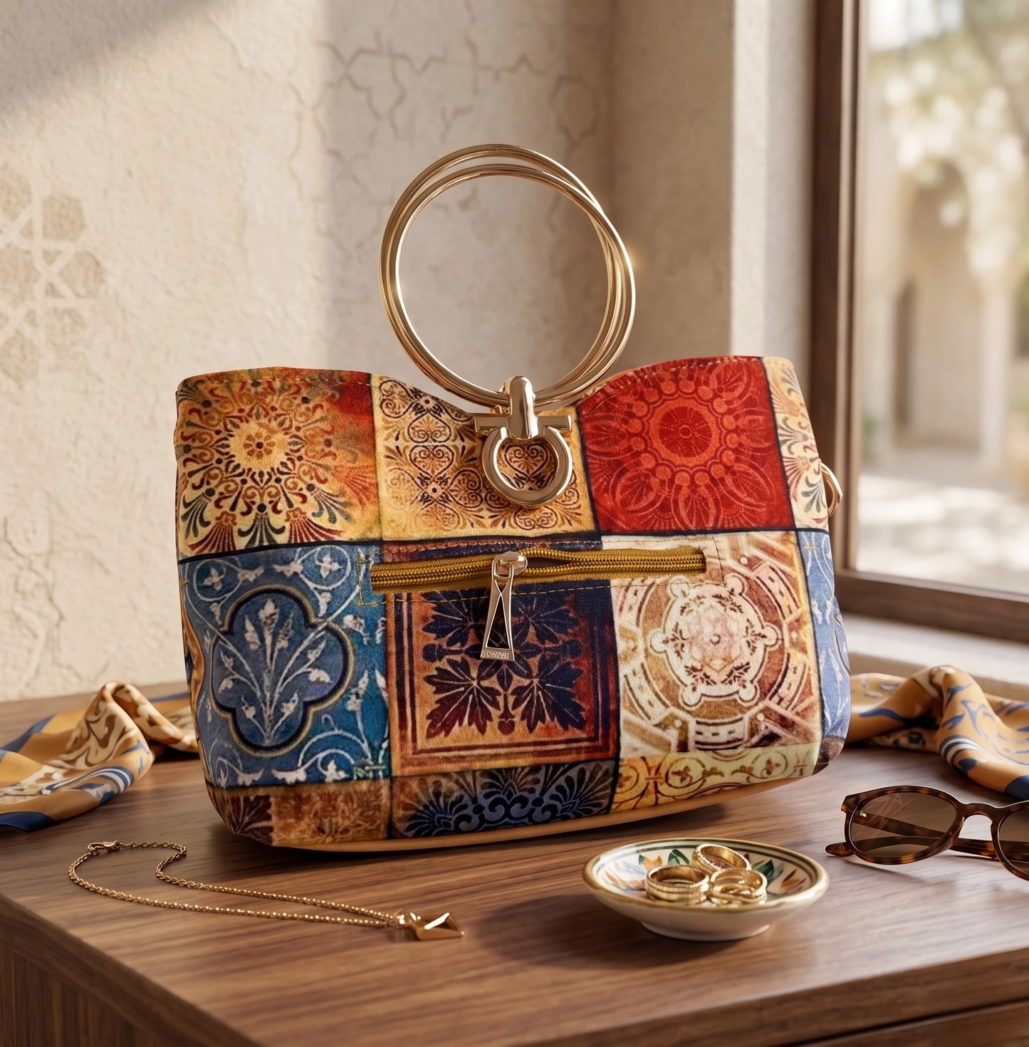 Steel Handle Check Handbag